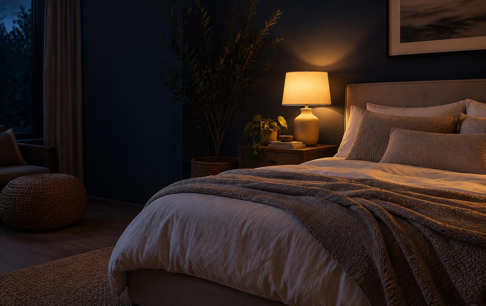 Quarto acolhedor à noite com abajur aceso, cama arrumada e planta